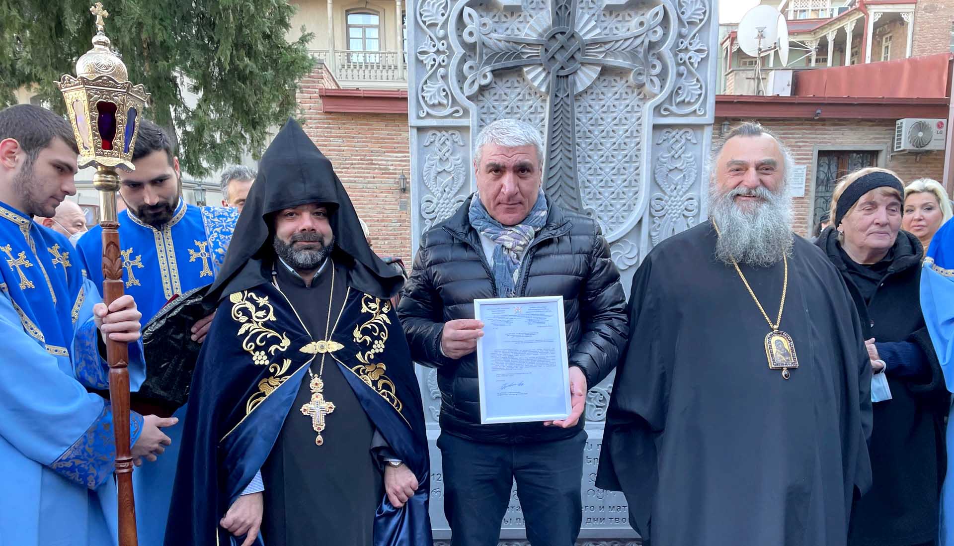 Opening of a cross-stone (khachkar) dedicated to fathers and mothers in Saint George church in Tbilisi